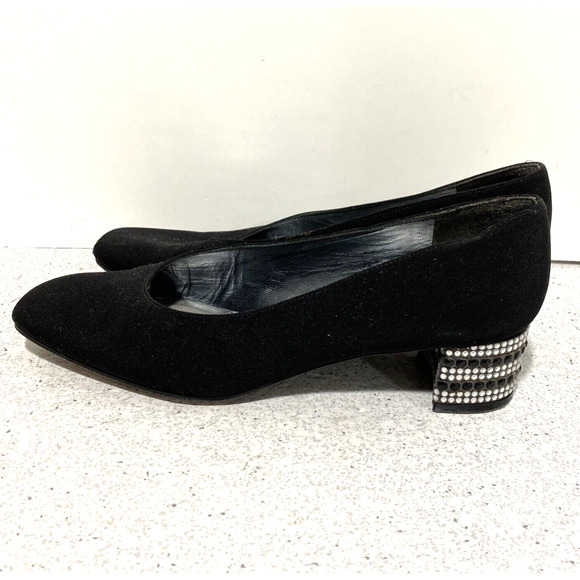Stuart Weitzman dressy black satin pumps shoe rhinestone cover block heels 7.5 B - Picture 5 of 10